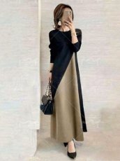 画像2: 日系デザイン ラウンドネック 切り替えデザイン 長袖 Aラインワンピース 体型カバー 可愛い 上品 レディースワンピース デイリー 通勤 お出かけ (2)