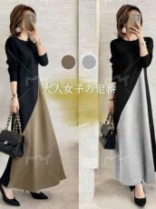 画像1: 日系デザイン ラウンドネック 切り替えデザイン 長袖 Aラインワンピース 体型カバー 可愛い 上品 レディースワンピース デイリー 通勤 お出かけ (1)